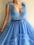 Tulle Deep V Neck Blue Sleeveless Layers Prom Dress LBQ1676